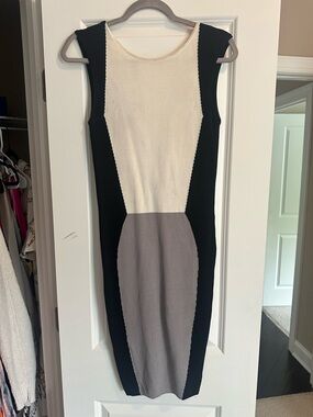 Sleeveless Colorblock Sheath Dress in Black, Cream & Gray